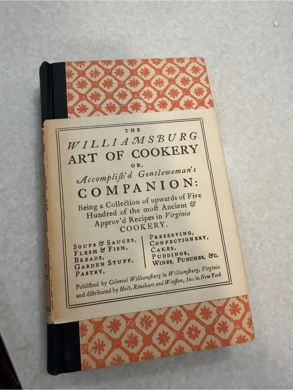 Vintage Orange and Cream Williamsburg Art of Cookery Decorative Book